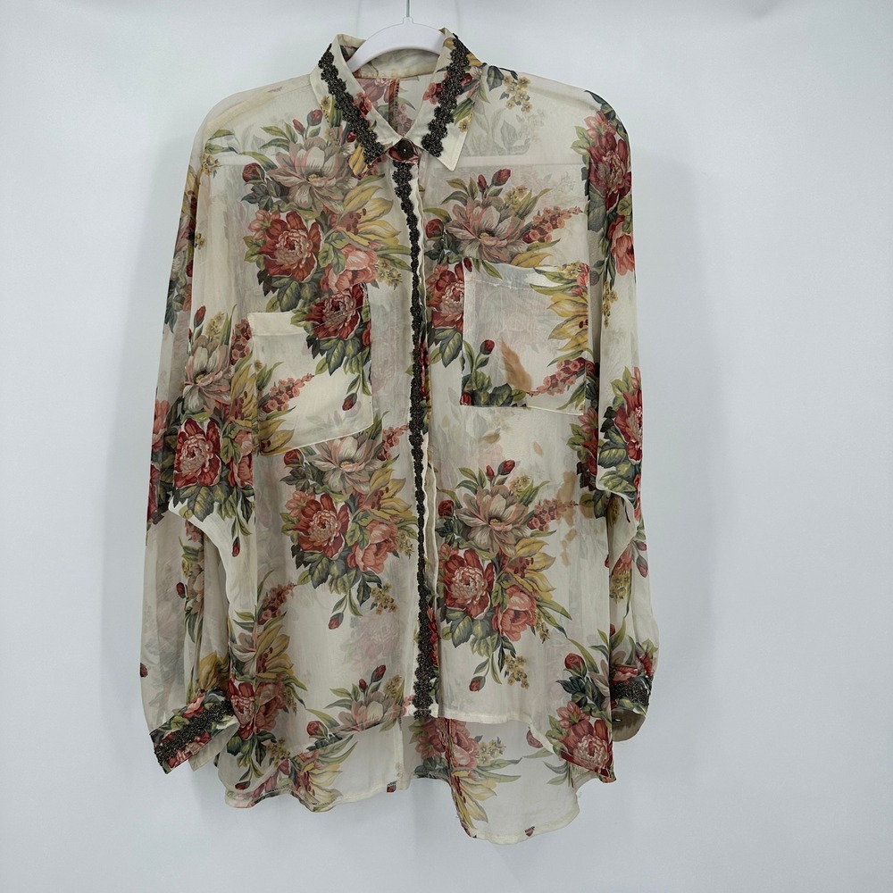 Womens Romantic Cottagecore Sheer‎ Blouse OS Floral Boho Vintage Top Flowy Light